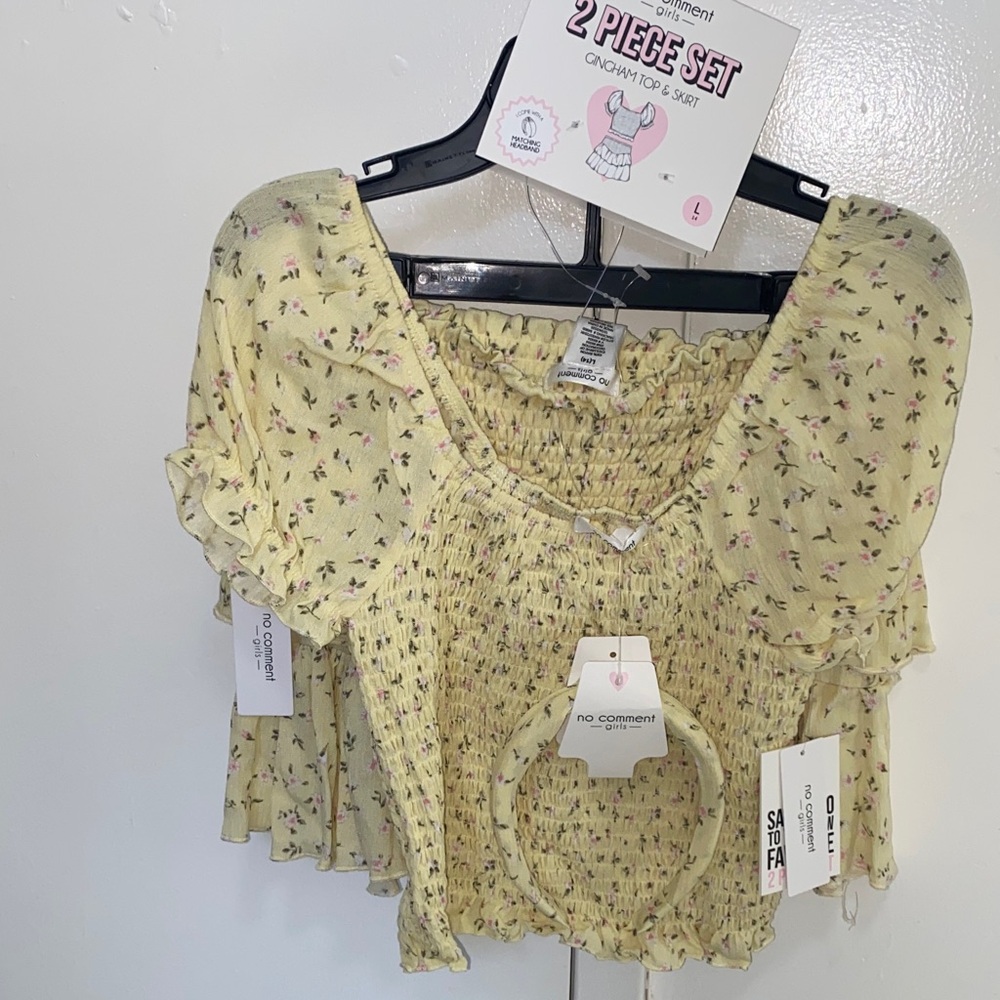 No Comment Yellow Floral 3 Piece Top Skirt Set headband big girl L large 14y